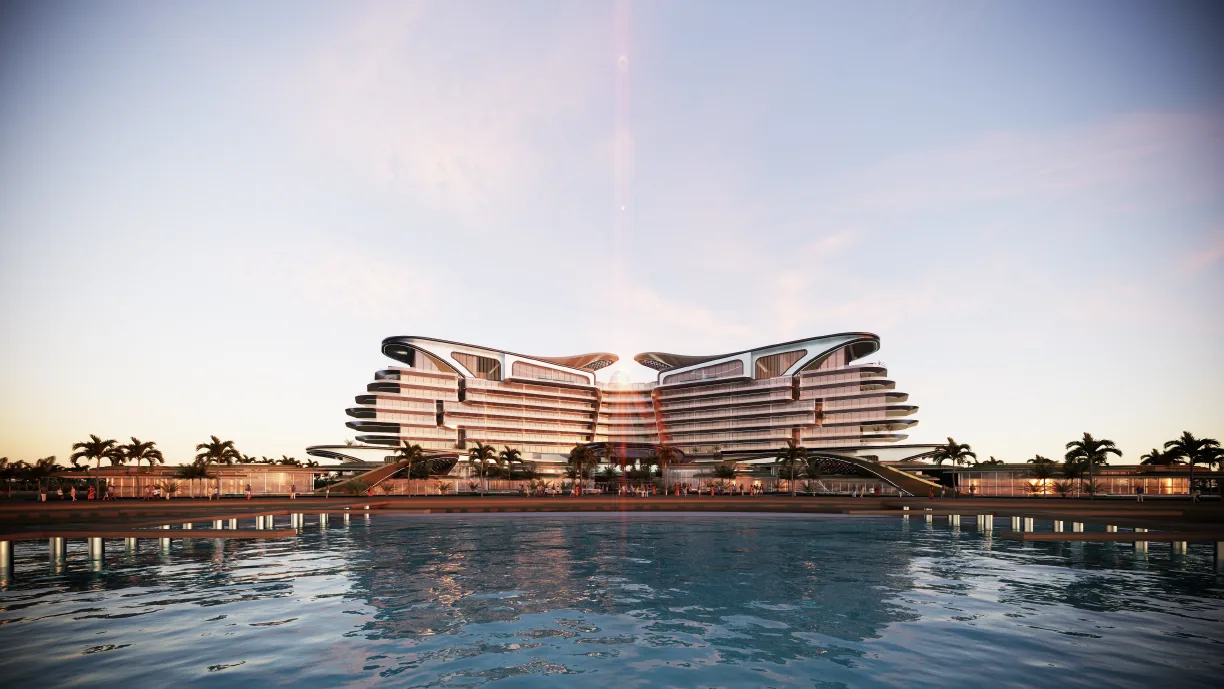 Luxury marina yacht hotel above turquoise water